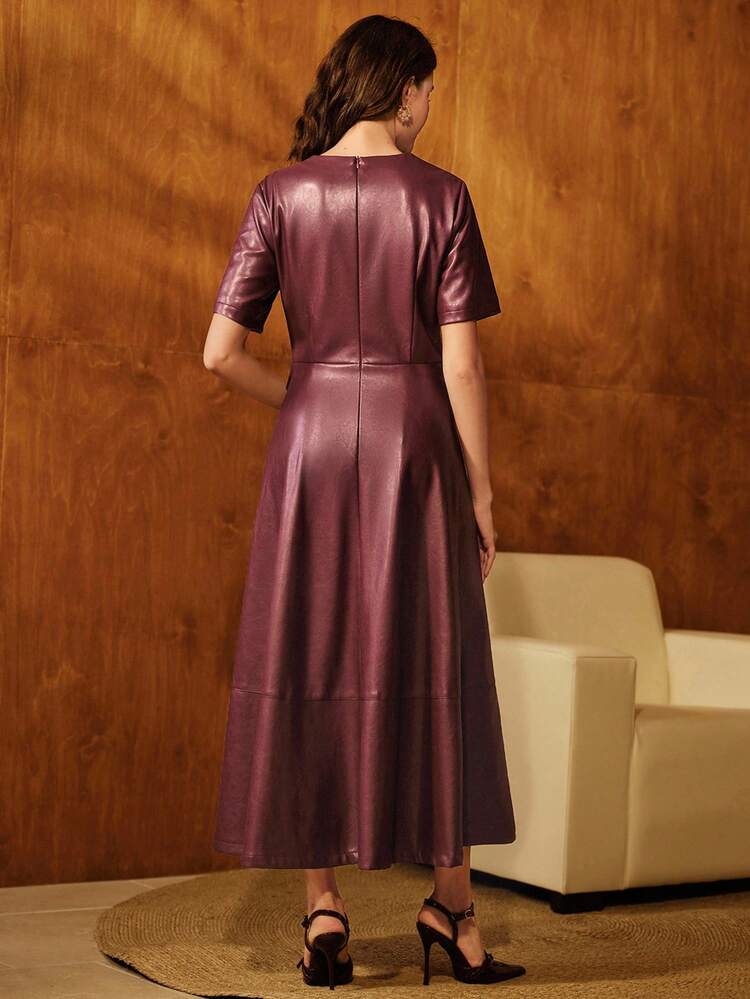 Elegant Round Neck Short Sleeve Cross Twist Decor PU Long Dress For Women, Suitable For Fall, Summer, Teacher's Day, New Year, Casual, Christmas, Party, Burgundy