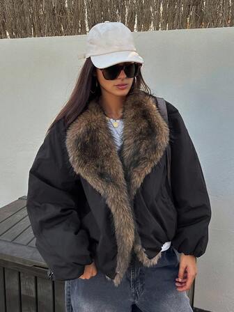 DAZY Chaqueta casual y suelta con cuello de piel de contraste, abrigo acolchado para mujer para otoño/invierno