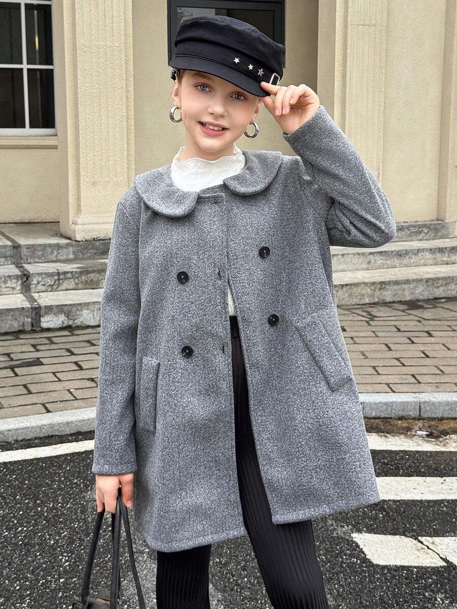 Streecool 女童防风夹克，双排扣翻领长款外套，适合秋冬季休闲、通勤、度假穿着。 - 灰色 - 查看 1