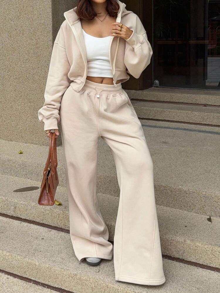 2pcs Women Casual Zip-Up Hoodie And Wide Leg Pants Set, Spring/Autumn Tracksuits Women Set Lounge Sets For Women