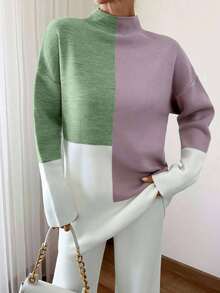 EURMUSE Women Colorblock Sweater Solid Color Wide Leg Pants Set Petite Autumn Clothes Lounge White Off-White Minimalist Casual - Multicolor - View 2