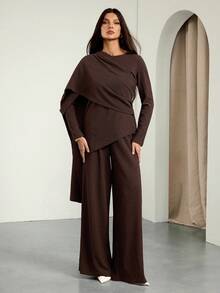 SHEIN Tall Modest Casual Blouse And Pants Set For Women 2 Pieces Set Modest Two Piece Set Brown Two Piece Set Women Chocolate Brown Outfit Pant Suit Set Chocolate Brown Dress Pant Suit Set Plus