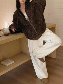 Livesso 女士宽松休闲豹纹拼接卫衣，带保暖内衬，时尚街头风，秋冬外套连帽衫 - 棕色 - 查看 5