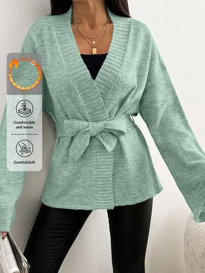 EURMUSE Women's Solid Color Drop Shoulder Long Sleeve Knotted Casual Cardigan