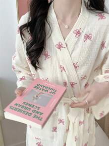 SHEIN 1件套浴袍浴袍晨袍女欧美简约长袖睡袍春秋新款甜美可爱小码大码浴袍全长粉色蝴蝶结长袖薄款纯色睡衣家居服 - 米色 - 查看 2