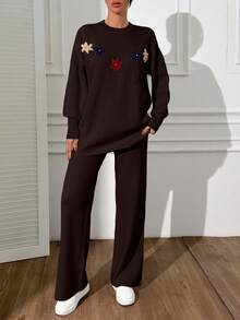 EURMUSE Cardigan Flower Detail Pullover Set Sweater Co-Ord +700 - Coffee Brown - View 6