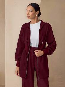 Slimming Zip-Up Hooded Casual Long Sleeve Fashion Jacket, Autumn/Winter - Burgundy - View 6