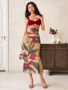 EastFlair Women's Elegant Floral Print Sweetheart Neck Ruched Bust Fishtail Hem Dress, Vacation Style