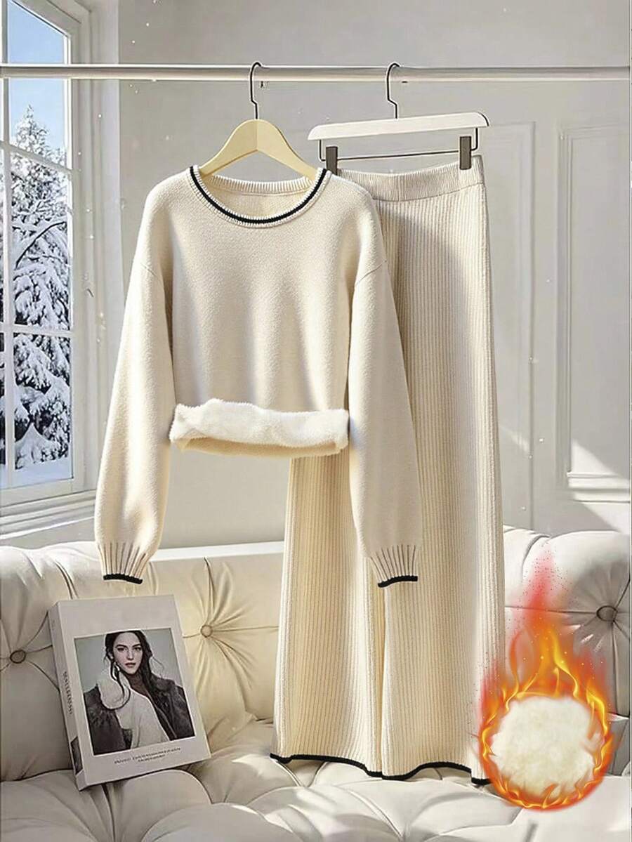 Franclia Set de 2 piezas: Sudadera casual de felpa de cuello redondo y ajuste holgado de unicolor y pantalones de cintura elástica