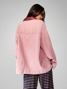 MISSGUIDED Oversized Barn Jacket Retro Style Denim Jacket Button Front Cotton Canvas Workwear Fall Winter Outerwear With Burgundy Leather Collar - Multicolor - View 2