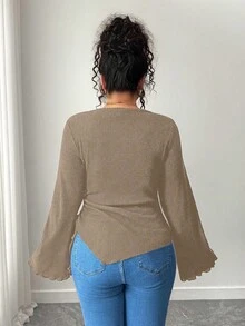Elenzga Plus Size Casual Solid Color Asymmetric Hem Flare Sleeve T-Shirt - Khaki - View 2