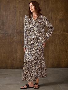 Hansera Conjunto sexy de 2 piezas con estampado de leopardo y cuello en V de manga larga para mujer - Multicolor - Ver 1