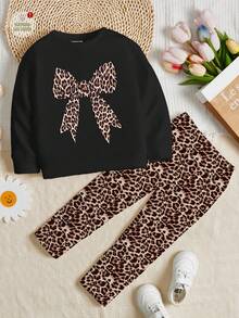 SHEIN 2 件套女童休闲复古豹纹蝴蝶结装饰圆领长袖运动衫和紧身裤套装，适合秋冬季、街头、朋克、复古、返校季 - 彩色 - 查看 2