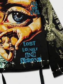 ROMWE MEN Street Life Áo thun nam cổ tròn tay dài in họa tiết thánh nhân cổ điển phong cách đường phố cổ điển, dành cho mùa thu, phong cách những năm 2000 - màu đen - Xem 5