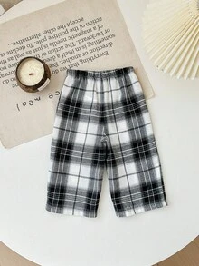 SHEIN Pantalones casuales y versátiles con estampado a cuadros y cintura elástica para bebé niña