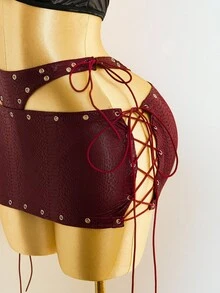 Mistrie Fall/Winter PU Leather Grunge Punk Y2K Gyaru Mini Skirt,Sexy Cut Out Lace-Up Snake Skin Bodycon Red Skirt,Women's Fashion Hip-Wrapped Ultra Short Skirt, Wild Party Outfits - Burgundy - View 3