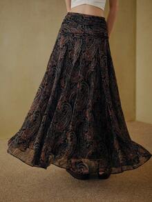 MOTF STUDIO 佩斯利印花褶饰高腰喇叭裙 - 彩色 - 查看 3