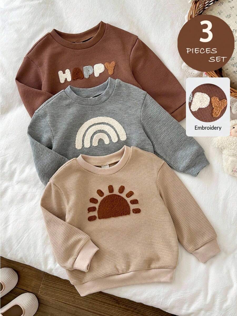 LMoss Kids LMoss 3件套女婴针织纯色圆领休闲卫衣套装,套头衫,婴儿冬季服装,女婴冬季服装,秋季套装,婴儿秋季服装,秋季上衣,长袖上衣 - 彩色 - 查看 1