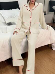 SHEIN 撞色滚边翻领双口袋女士长袖上衣+裤子睡衣套装，秋冬服装 - 米色 - 查看 6