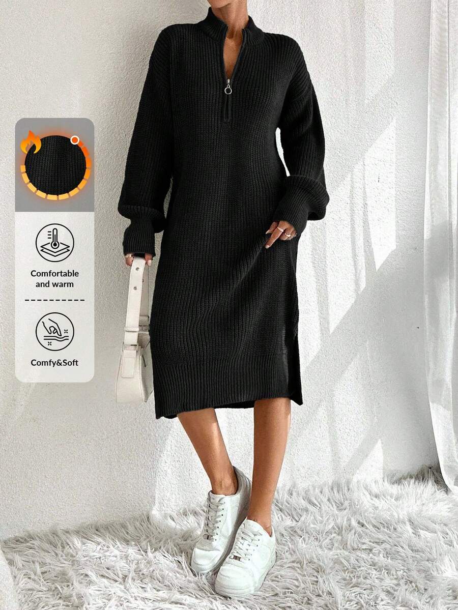 EURMUSE Women Knit Sweater Dress With Zipper Detail - Hitam - View 1