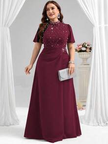 Coutiva Vestido de noite formal plus size (muito enfeitado) - Borgonha - Ver 1