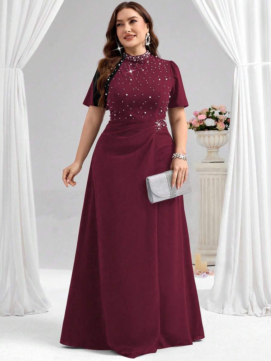 Coutiva Vestido de noite formal plus size (muito enfeitado) - Borgonha - Ver 1