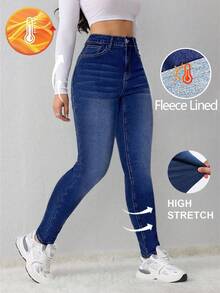 SHEIN Jeans skinny di base in denim blu scuro con fodera in pile elasticizzata per ragazze adolescenti