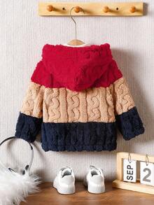 SHEIN Playful Pals 1pc Baby Boy Navy Blue Autumn Hooded Jacket,Cow Boy Club Style Fashionable Jacquard Knit Double-Sided Fleece Zip-Up Coat With Elastic Hem And Cuffs - Multicolor - View 3
