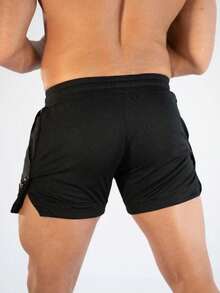 Manfinity Sport Corelite 男友风男士字母图案抽绳腰部开衩下摆运动弹力短裤健身短裤 - 黑色 - 查看 2