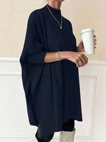 SHEIN Women Solid Color Mock Neck Half Sleeve Oversize Pullover