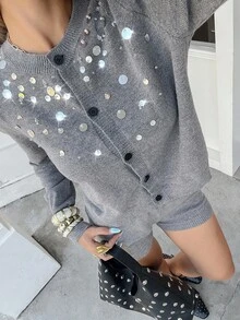 Siren Gaze Women's Sequin Design Long Sleeve Knitted Cardigan And Knitted Shorts Fashion Set, Autumn/Winter Casual - Dark Grey - View 5