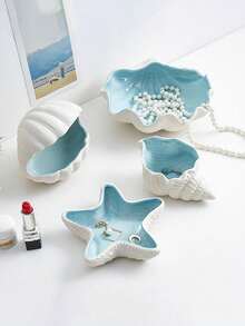 SHEIN 1Pc Ceramic Jewelry Storage Dish, Starfish Sea Shell Shaped Display Tray, Luxury Earring Bracelet Storage Showcase, Cute Bedside Tray For Home Use Best Gifts Birthday Plates Kitchen Accessories Kitchen Decor Table Trays Fruit Tray Tray Decor Graduation - White - View 2