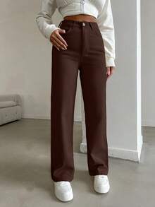 EURMUSE 100%Cotton HIGH RISE BEIGE WIDE LEG PETITE SIZE JEAN - Brown - View 3