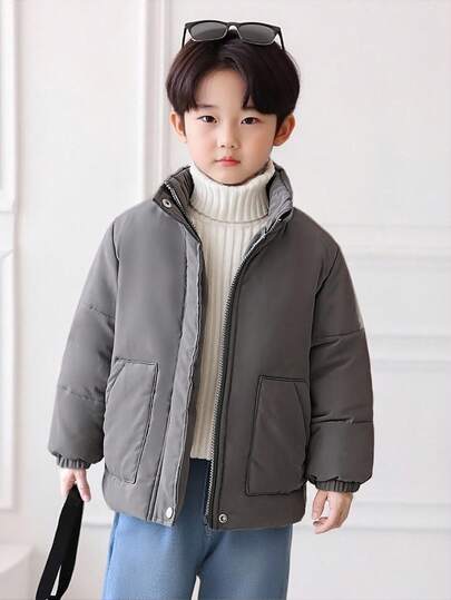 Genkimix Kids 男童休闲立领长袖宽松短款拉链口袋棉服外套，深灰色，秋冬