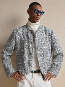 AKNOTIC Business Casual AKNOTIC Men's Plaid Tweed Pearl Decor Jacket, Christmas Party & Business Casual Outerwear, Autumn/Winter, Boyfriend/Friend Gift, Holiday