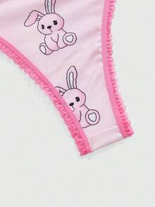 ROMWE Kawaii Cute Solid Heart Metallic Pink Rabbit Full Print Wireless Bra Set For Women - Pink - View 4