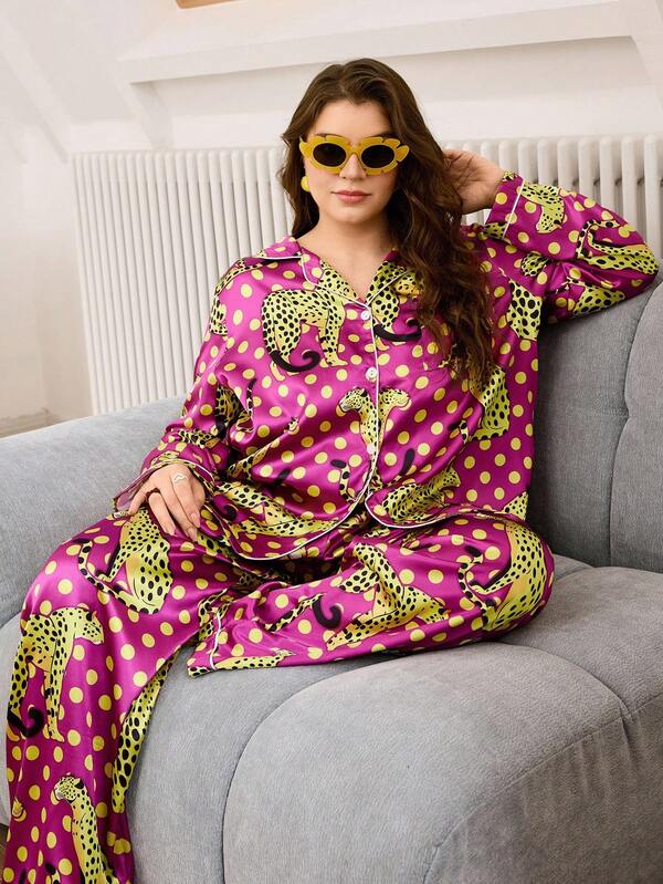 Chillnights Plus Size Leopard & Polka Dot Print Satin Collar Long Sleeve Top & Pants Sleepwear Set, Color Blocking, Fall Winter Clothes, Cozy Outfit