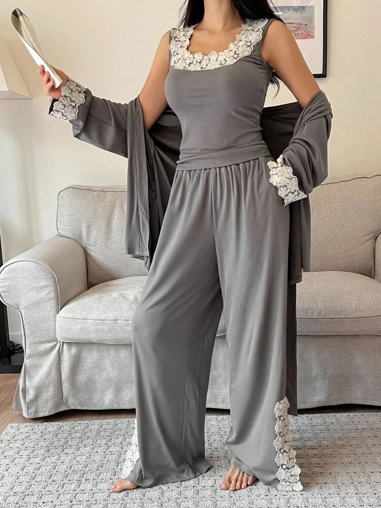 3pcs Set Comfortable Brushed Lace Patchwork Belted Robe, Tank Top & Pants Women Sleepwear Pajama Set, Fall Winter Clothes
