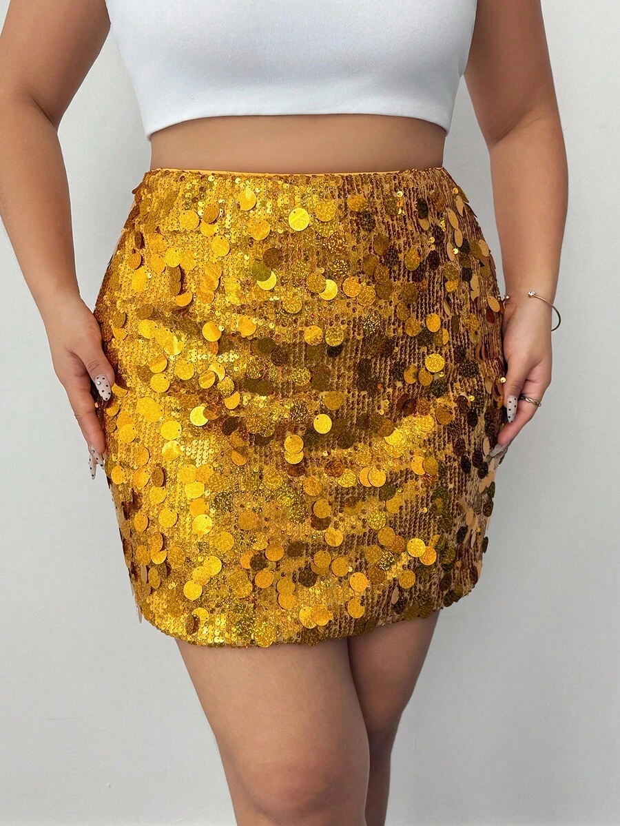 Elenzga Plus Size Shiny Sequin Skirt For New Year Holiday Party Clothes