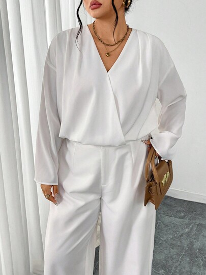 Firerie Plus Size Elegant Minimalist Fashion Commuter V-Neck Shirt And High Waist Slimming Flared Leg Pants Suit For Women, Autumn/Winter