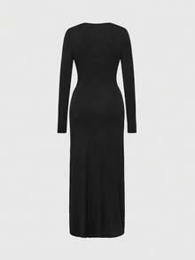 ROMWE Figurbetont langes Kleid mit tiefem gerafftem Ausschnitt, sexy minimalistisches Design für Damen mit passender Spitzen-BH - Schwarz - Übersicht 2