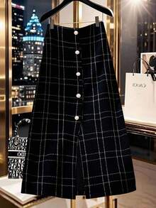 Regalyn Plus Size Women Wool Blend Button Decor Plaid Skirt Fall Cloth For Women