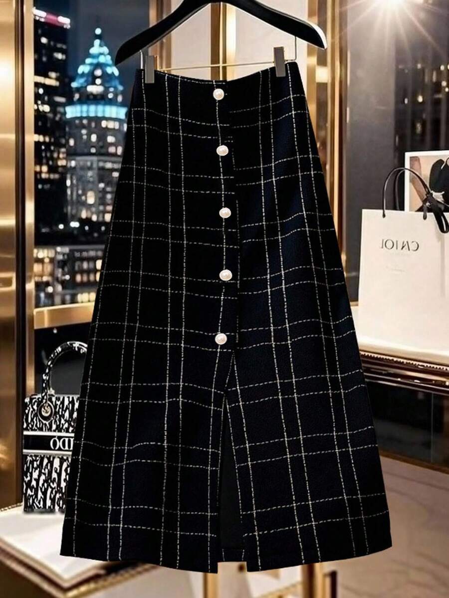 Regalyn Plus Size Women Wool Blend Button Decor Plaid Skirt Fall Cloth For Women