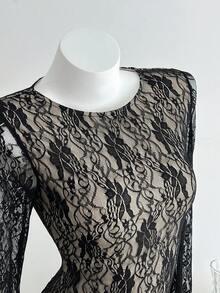 Elamini Black Lace Sexy Stylish Round Neck Long Sleeve Slim Fit Women T-Shirt - Black - View 3
