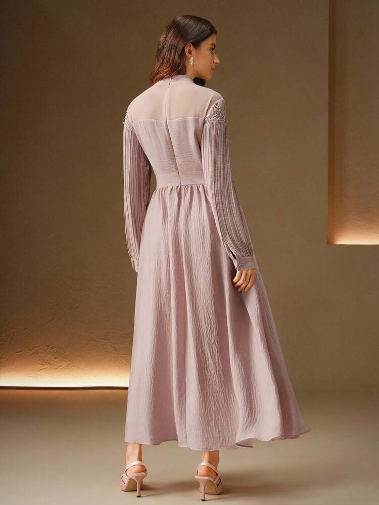 Anewsta Elegant Stand Collar Long Sleeve Lace Ruffle Beaded Pleated A-Line Dress For Women, Autumn