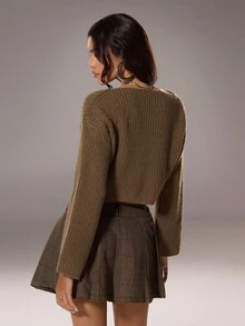 SHEIN Unity 纯色 V 领长袖休闲衬衫、长袖上衣 - 咖啡棕 - 查看 2