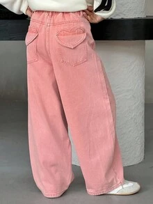 Dazy Kids Tween 女童口袋阔腿宽松休闲百搭牛仔裤 - 粉色 - 查看 1