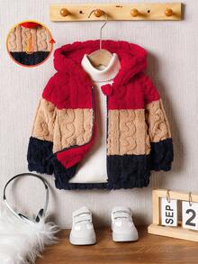 SHEIN Playful Pals 1pc Baby Boy Navy Blue Autumn Hooded Jacket,Cow Boy Club Style Fashionable Jacquard Knit Double-Sided Fleece Zip-Up Coat With Elastic Hem And Cuffs - Multicolor - View 4