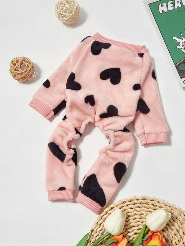 PETSIN 1 Pet Cat/Dog Pink Sherpa Wool Warm Printed Flannel Jumpsuit, Universal Size