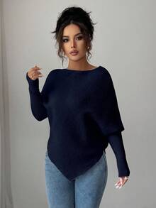 Elenzga Áo len dệt kim cổ tròn tay cánh dơi bất đối xứng dành cho nữ, đa năng cho kỳ nghỉ và ngày lễ, mùa xuân/thu/đông - Màu xanh hải quân - Xem 3